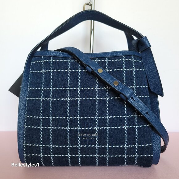 KATE SPADE Knott MEDIUM Denim Check & Leather Crossbody Tote- Indigo Multi⭐ - Picture 2 of 16